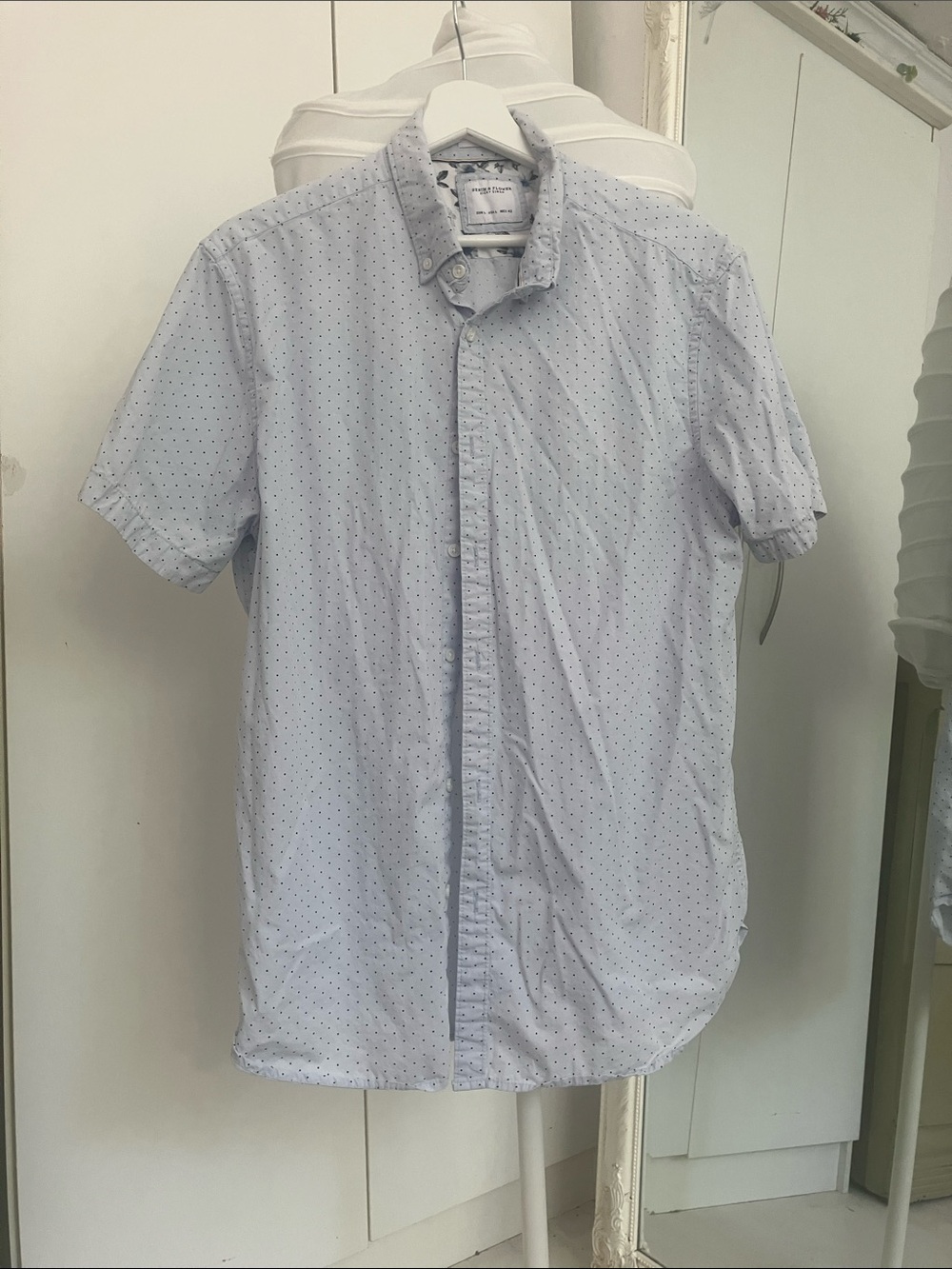 Denim & Flower Light Blue Short-Sleeve Button-Down Shirt with Micro Dots